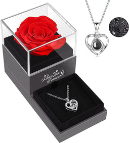 Preserved REAL Red Rose with I Love You Necklace